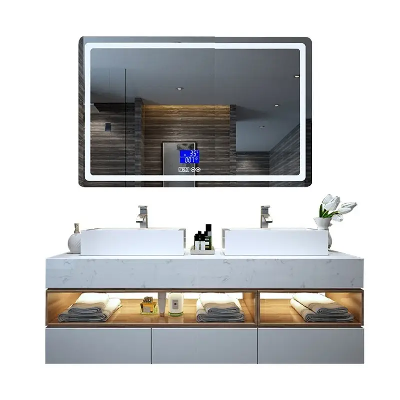 Progetto alberghiero Marmo doppio lavabo vanità bagno specchio con sensitive Touch schermi led intelligente specchio di pietra vanità
