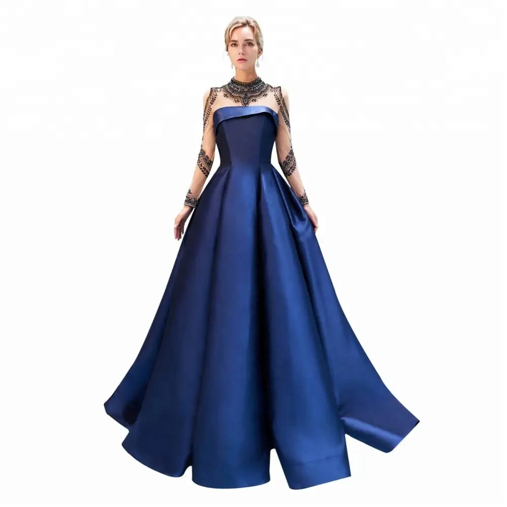 Hoher Ausschnitt Perlen Prom Kleid Kristall sexy Rücken Satin Ballkleider Special Design lange Ärmel Quince anera Party Kleider