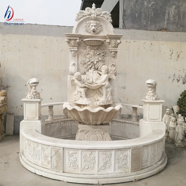 Fonte de mármore estátua de anjo, fonte de mármore de parede com estátua de cabeça de leão