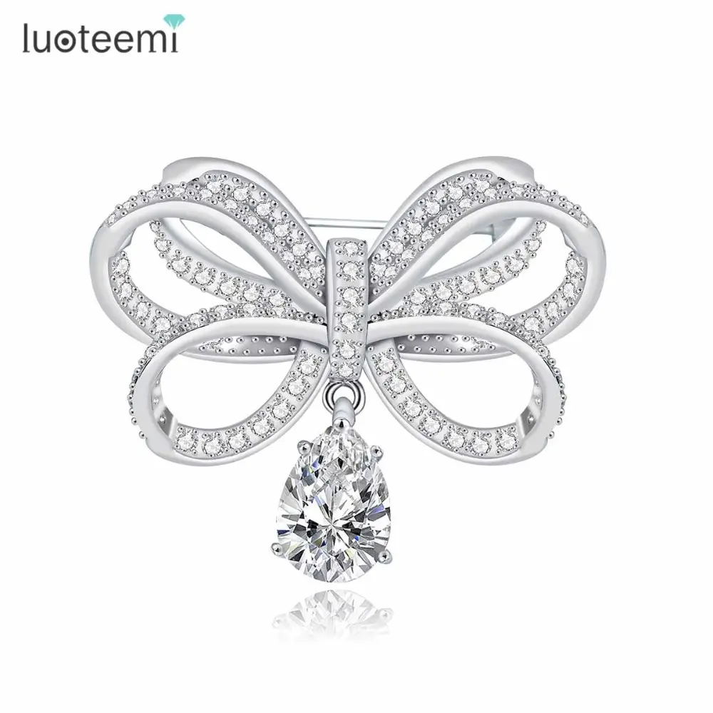 LUOTEEMI women Fine Jewelry Ornamentation Top Quality Magnificent Bridal Large CZ Crystal Ribbon Brooches