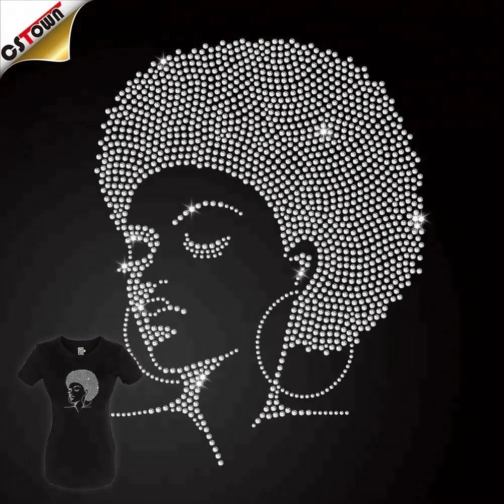 Desain Transfer Panas Bling Perempuan Afro Berlian Imitasi Kustom untuk Kaus