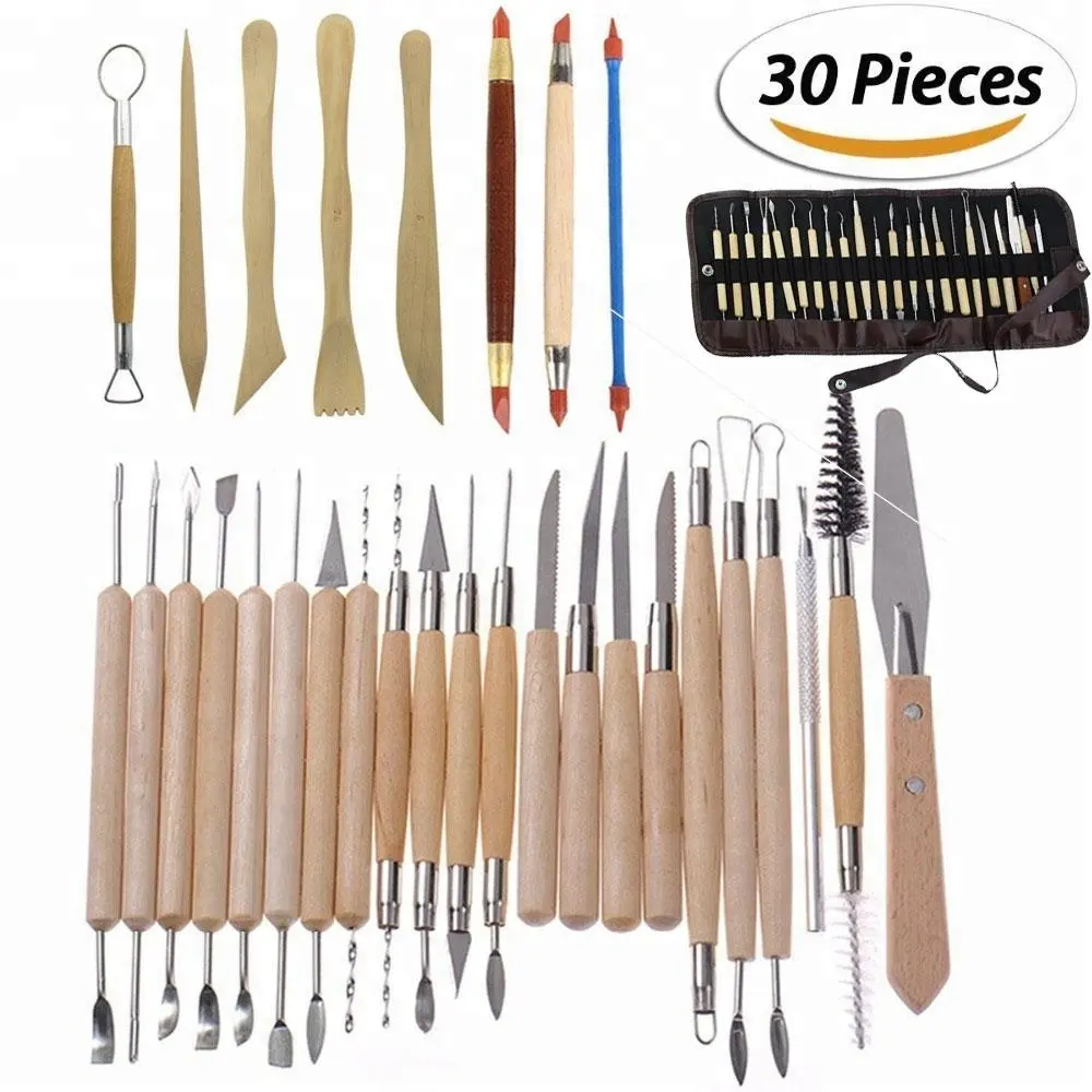 Seni Kerajinan 30Pcs Tanah Liat Patung Alat Pot Carving Set Alat Tembikar & Keramik Gagang Kayu Pemodelan Tanah Liat Alat