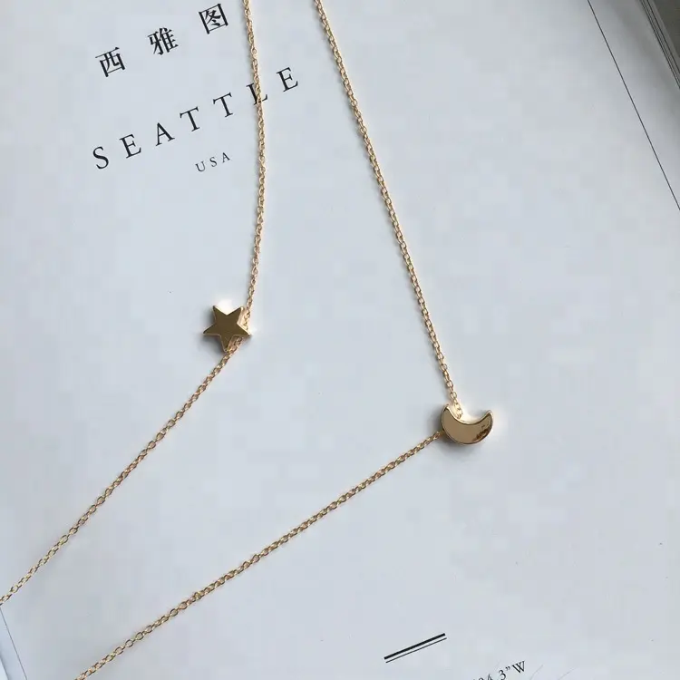 Korea fashion design alloy star moon pendant two layered necklace