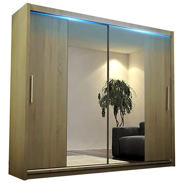 Oak cor moderna quarto espelho deslizante porta guarda-roupa com luz led