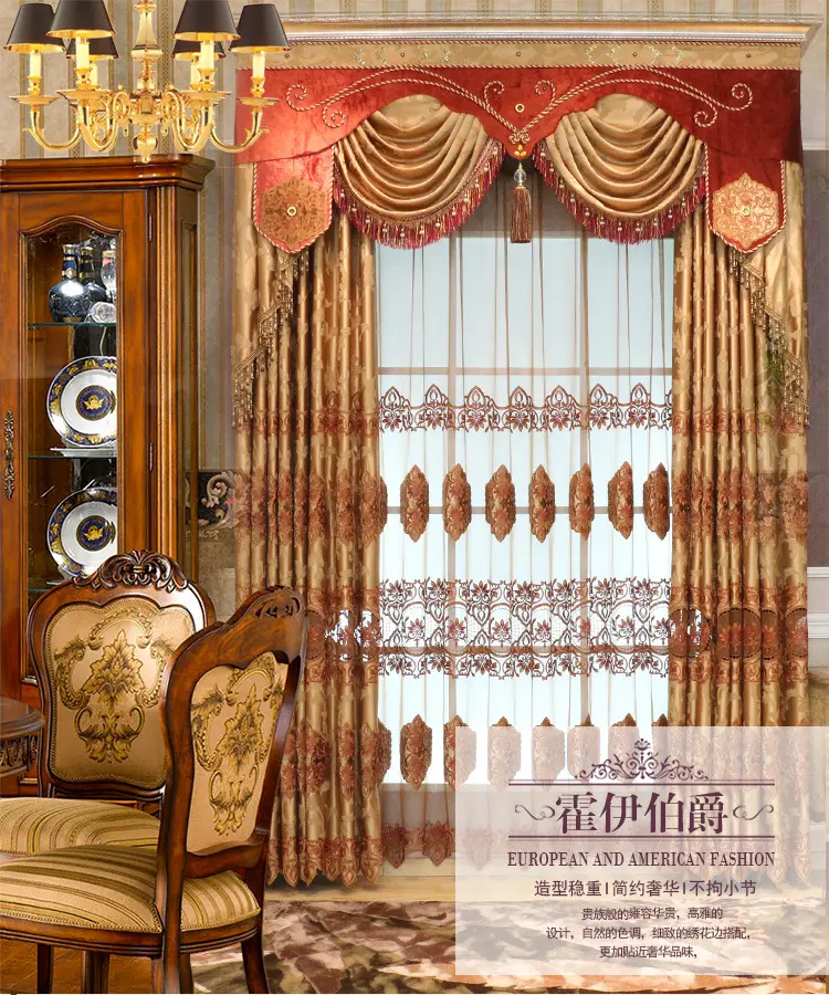 Cortinas y cenefas transparentes bordadas doradas y rojas elegantes