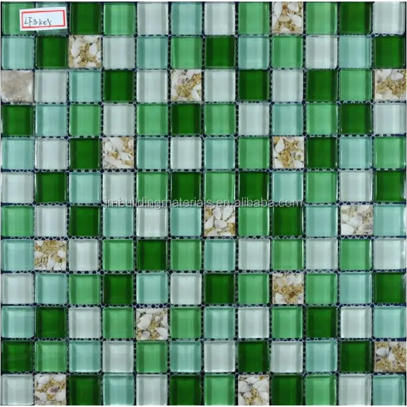Azulejos de mosaico de vidrio para pared de baño, pegatina de suelo de conchas de vidrio verde contra salpicaduras