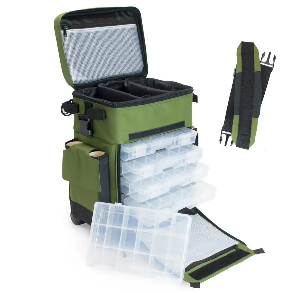 Waterproof Rolling Tackle Box Green Waterproof 5 Removable Tackle Trays 4 Rod Holders Rolling Fishing Tackle Bag e Box