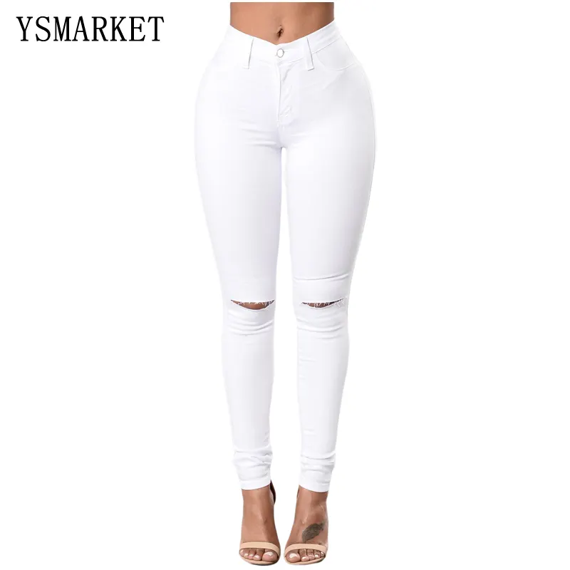 YSMARKET Nuovi Arrivi Delle Donne Alla Moda Della Metà di Vita Piccolo Allungano I Jeans Dei Pantaloni Solido Fessura Ginocchio Pantaloni In Denim E78687