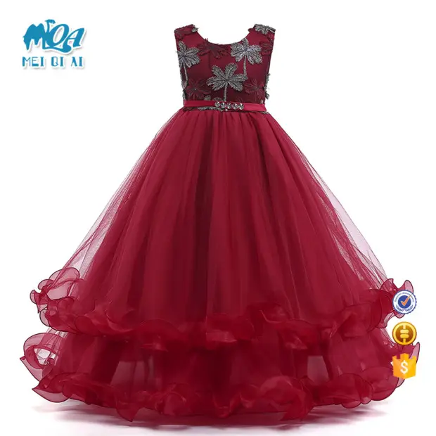 Maroon Japon Voor Baby Meisje Lange Kant Jurk Party Kleding Fabriek Prijs LP-76