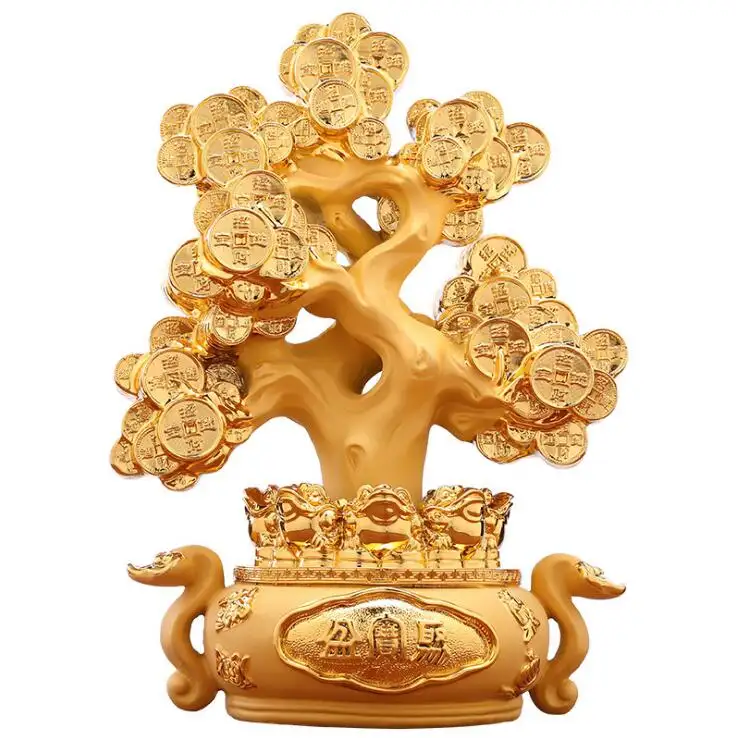 24k Golden color painting China Feng Shui Resin Money Chinese Coin Tree
