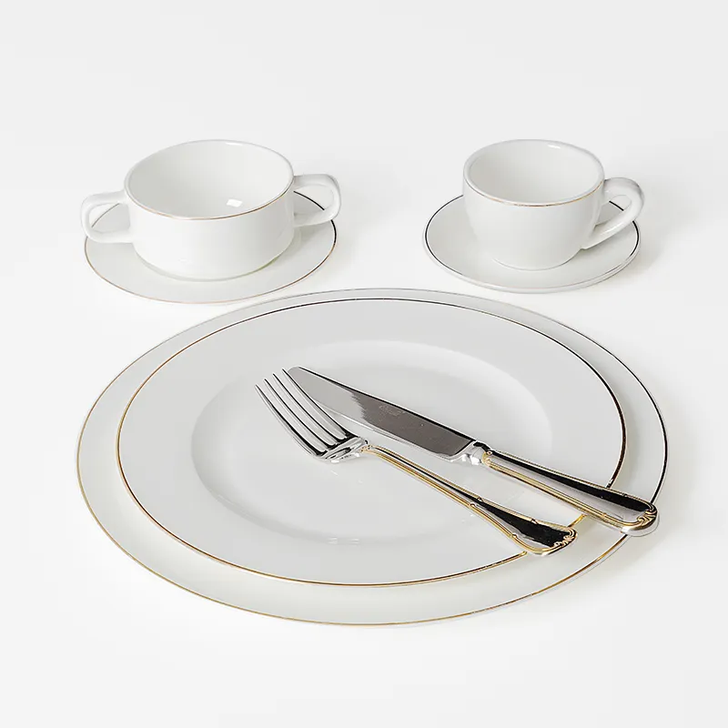 Vendita calda eco-friendly Ceramic Luxury Teller Fr Restaurant Royal Gold Rim CERAMIC BONE CHINA Germany Fine Porcelain Dinner Set