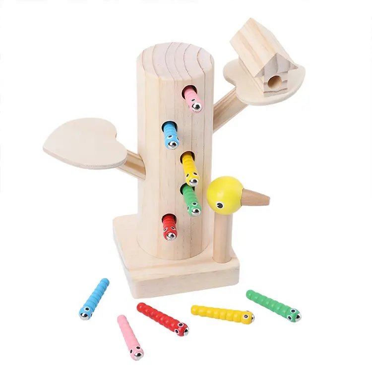 educational wooden toys learning magnetic woodpecker catching insect game wooden catching worms game toys