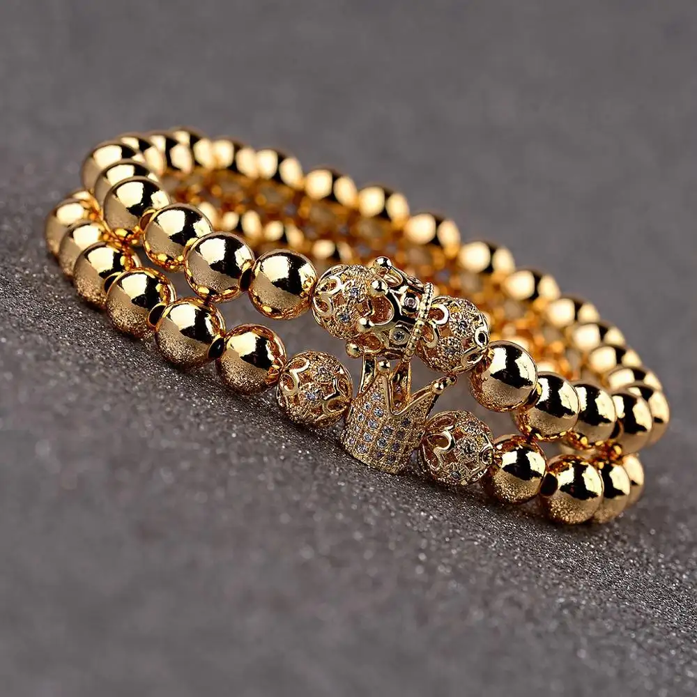 Luxury Men's Hand Jewelry 8mm Elastic Real Gold Plated Copper Bead Micro Pave CZ King Crown Charm Bracelet