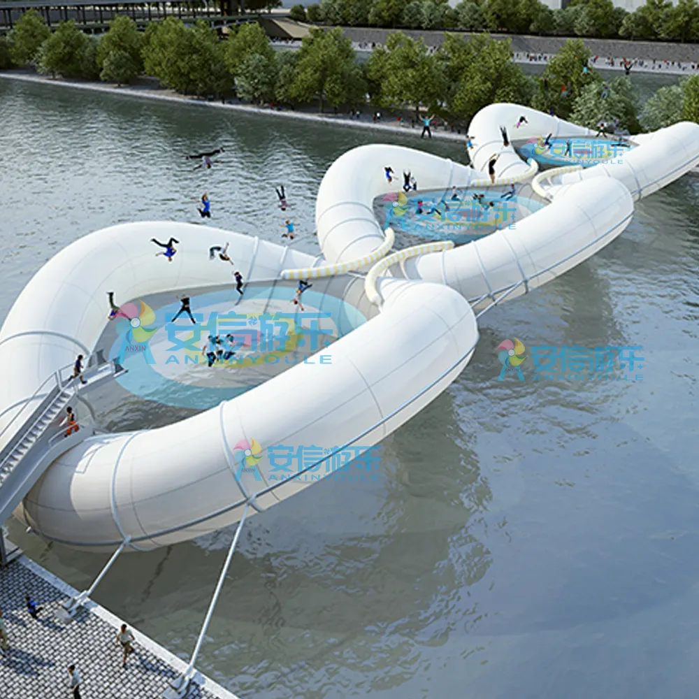 Inflatable trampoline bridge on water