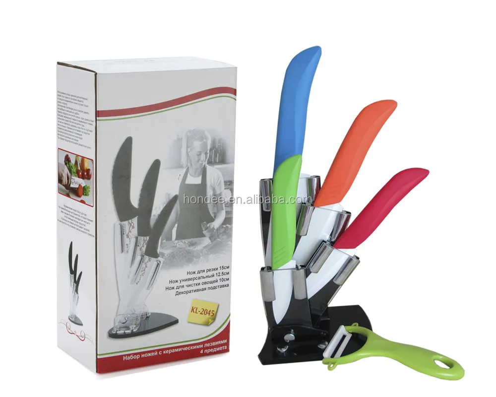 Conjunto de facas de chef de cozinha, conjunto de facas de cerâmica com suporte, caixa de cor
