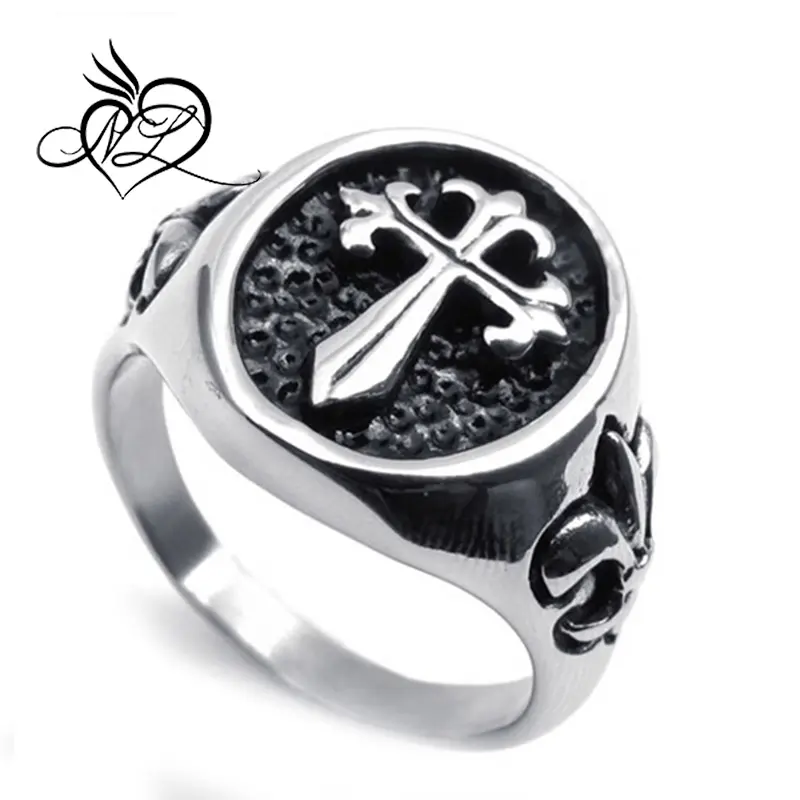 In acciaio inox medioevale celtico croce fleur de lis mens anello, nero argento