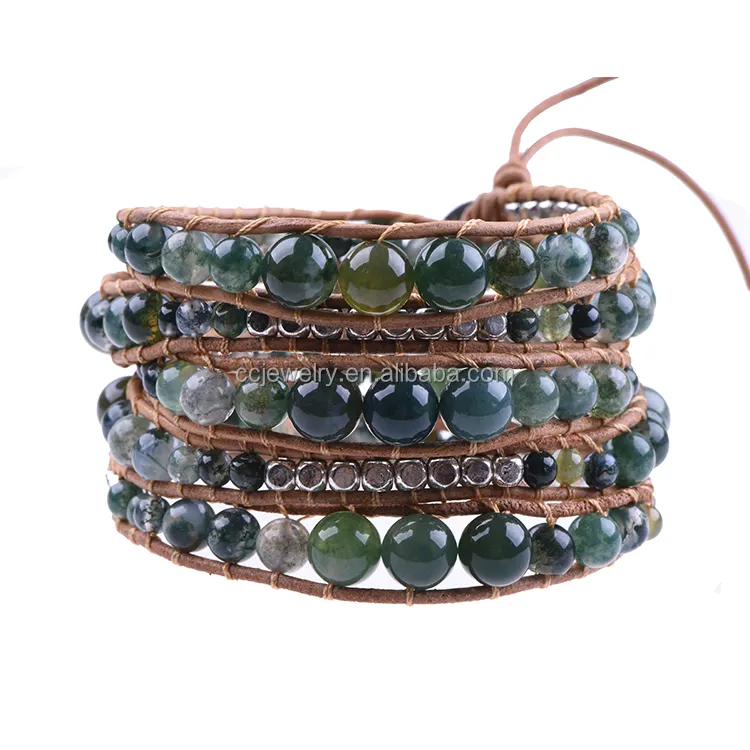 Vendita calda cinque avvolgere moss agate bead bracelet, cuoio Personalizzato braccialetti dell'involucro bordato, avvolgere intorno al braccialetto di perline all'ingrosso