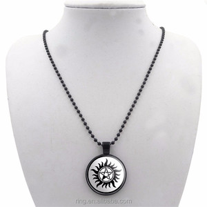 Glass Cabochon Pendant Necklace <strong>Supernatural</strong> Sam Dean Winchester Movie Picture Black Bead Long Chain Necklace for Women Jewelry - Product Image 6