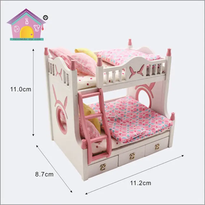 Litera de muebles para niños, muebles de casa de muñecas rosa, mini casa de muñecas, muebles a escala 1/18