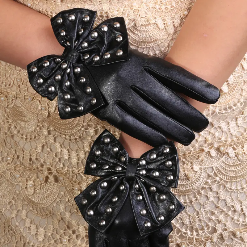 Gants en cuir de mouton rivets pour femmes, nouveau tatouage mignon, cadeau de noël, avec nœud