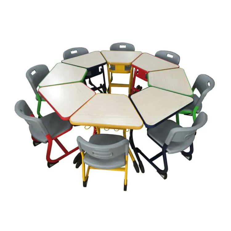 Scuola primaria Design ergonomico 8 posti studente scrivania e sedia in legno combinato scrivania e sedia per bambini