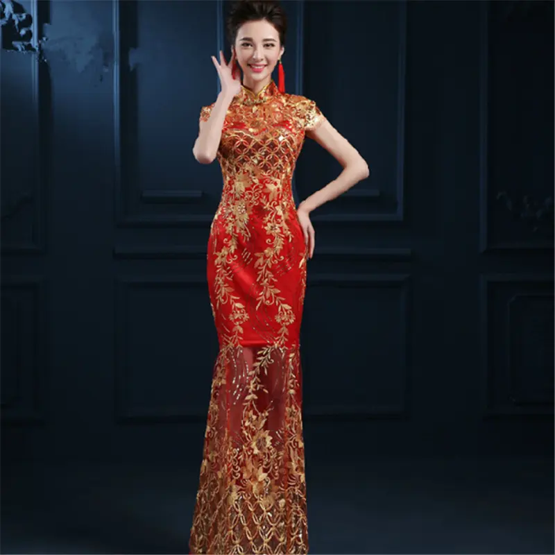 Moda Çin bayanlar zarif akşam parti pullu işlemeli tavuskuşu balık kuyruğu uzun düğün dantel qipao cheongsam