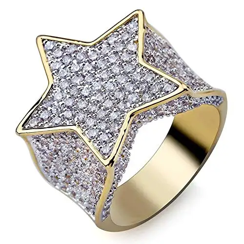 Anel de noivado de ouro 14k, hiphop, anel de diamante estrela para homens