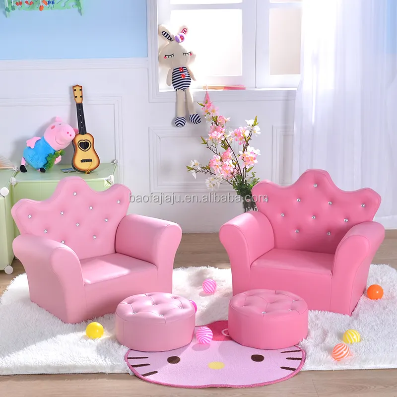 Popular forma de corona Bebé Muebles sofá con fábrica otomana personalizado MOQ dibujos animados lindo niños sofá conjunto al por mayor muebles para niños