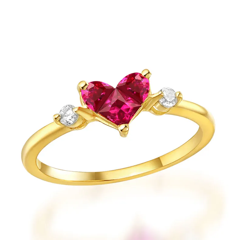 1 gramos de joyas de oro real de corindón rojo en forma de corazón de oro de 14K anillo