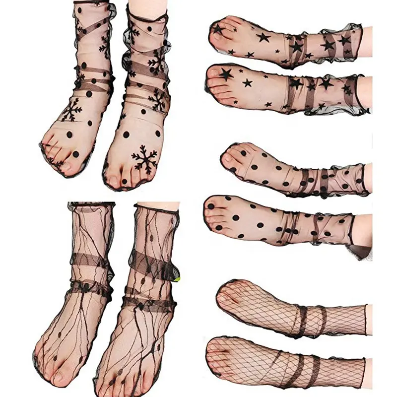 Chaussettes courtes en soie cristal, bas transparents, sexy pour femmes et filles, chaussettes à dentelle