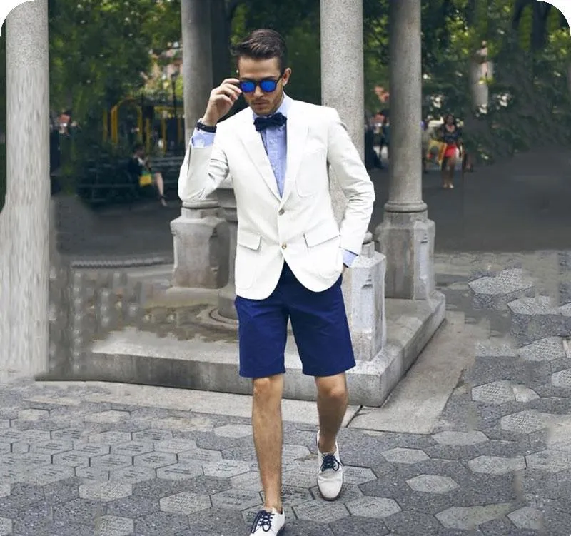 Yaz Plaj Beyaz Erkek Takım Elbise Casual Erkek Blazer Mavi kısa pantolon Ince Damat Smokin Özelleştirmek Erkek Ceket 2 Parça Son Tasarımlar