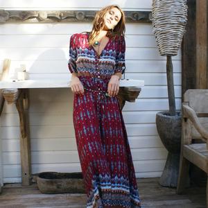 女性の夏のボタンアップロングフローラルプリントレロールヒッピーシックなスプリットビーチマキシドレス長袖パーティーマキシ自由奔放に生きるドレス - Product Image 5