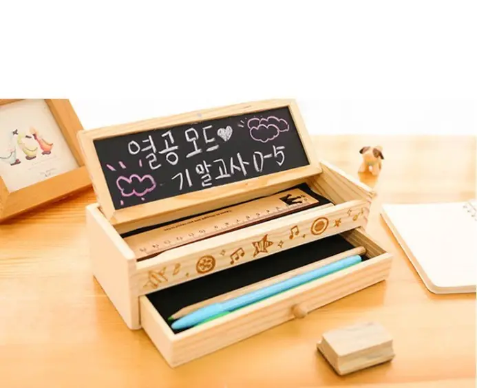 Koreli öğrenciler saf ahşap kırtasiye kutusu çift katmanlı tahta kalem kutusu saklama kutusu, ahşap kalem kutusu hediye için