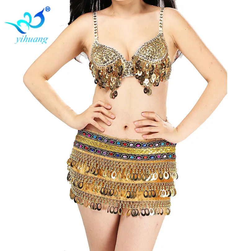 Barato nuevo blanco de las mujeres Bra Top cinturón y cadera pañuelo conjunto Tribal oro profesional árabe/egipcia/Turco Sexy traje de danza del vientre