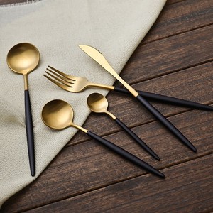 Portugal Design Ss Cutlery 4pcs Set with Chopstick 18/8 Stainless Steel <strong>Flatware</strong> PVD Coating <strong>Gold</strong> <strong>Color</strong> and Black Handle - Product Image 1