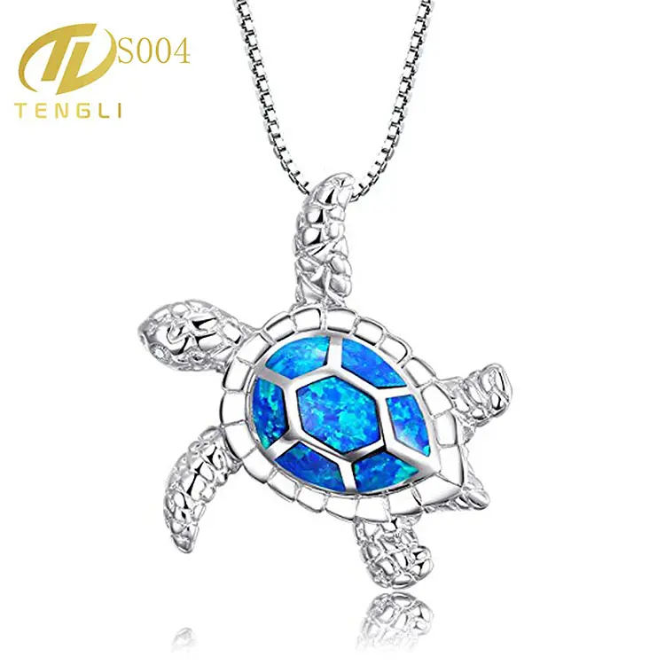 Ottone argento creato blu pendente della tartaruga di mare necklace18 ", birthstone gioielli per le donne