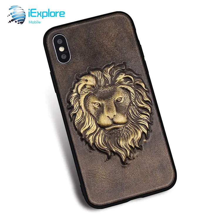 Iexplorore fabricante híbrido vintage, capa de celular para samsung, iphone x, xs, max, em couro pu com gravação de animais em leão