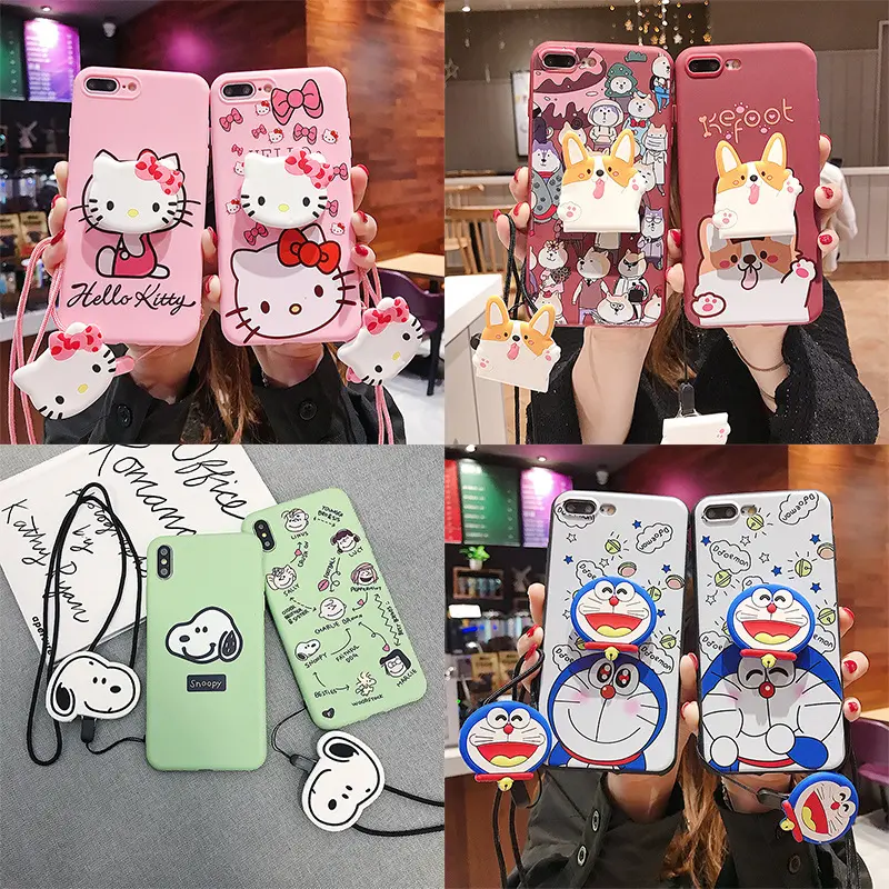 Cute Japan Cartoon Snoop Doraemon phone case For iPhone 14 13 12 Plus Xs Max Xr Soft back cover with Kitty Cat stand rope strap