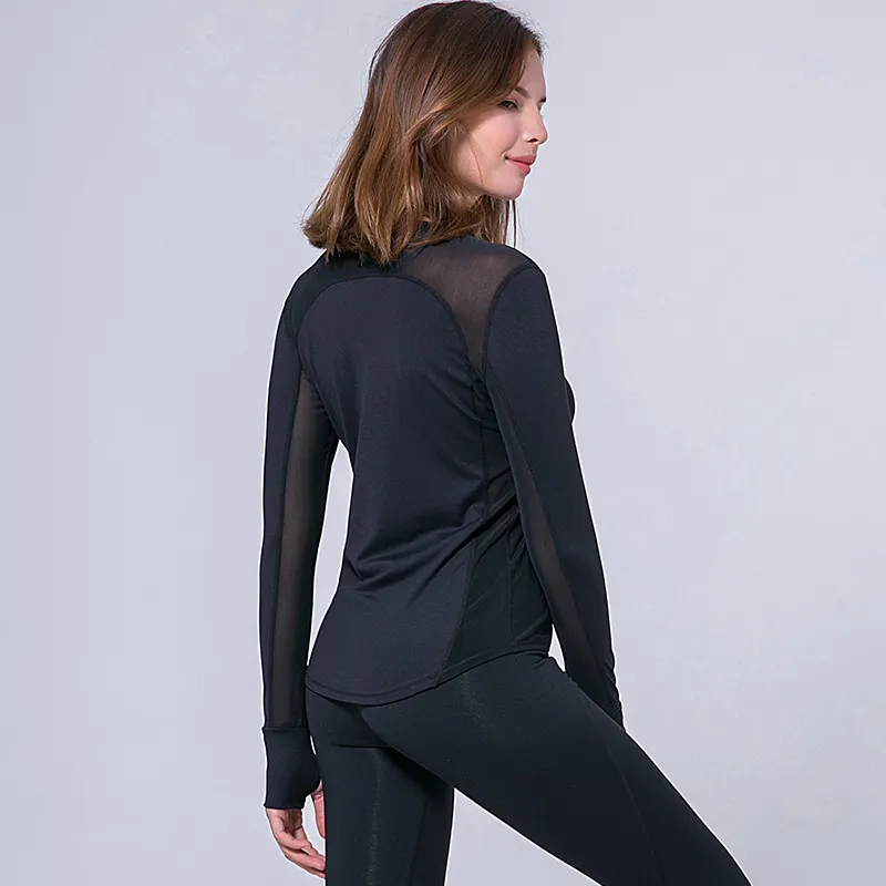 Camiseta de malha preta feminina, camiseta de malha preta personalizada de fábrica, manga longa de nylon, spandex, para treino, yoga, leve