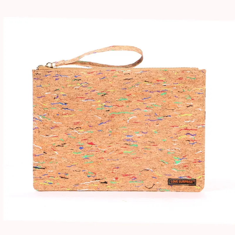 Stylish Colorful Stripes Printing cork Briefcase 100% Eco-friendly Lightweight cork carry bag recycled cork wristlet pouch bag