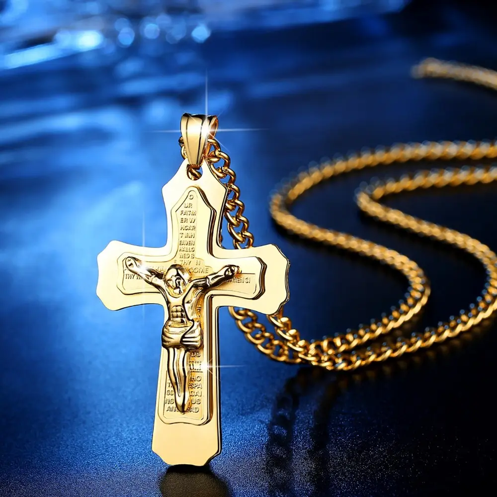 Collana con ciondolo a croce multistrato in oro cristo gesù per uomo gioielli da uomo in acciaio inossidabile con catena regalo 60cm