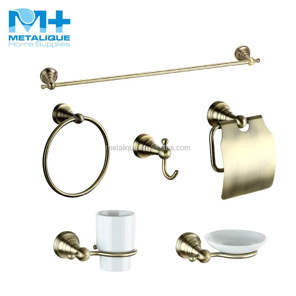 Metallique 6 unids sólido latón bronce antiguo cuarto de baño accesorios de baño titular toalla barra de jabón plato titular
