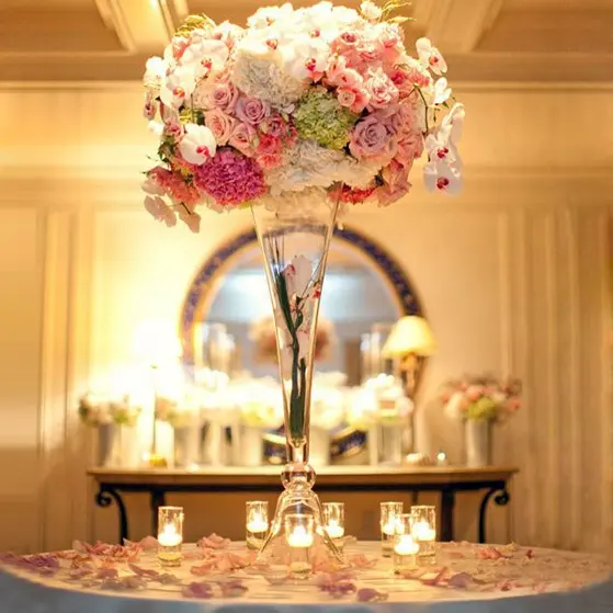 Trompeta florero de vidrio para fiesta de flor de vidrio jarrones para boda centros de mesa