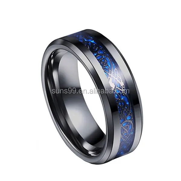 Bordas Chanfradas 8mm Azul Preto Teste Padrão Do Dragão de Aço inoxidável Celtic Jóias Anéis da Faixa Do Casamento Para Os Homens