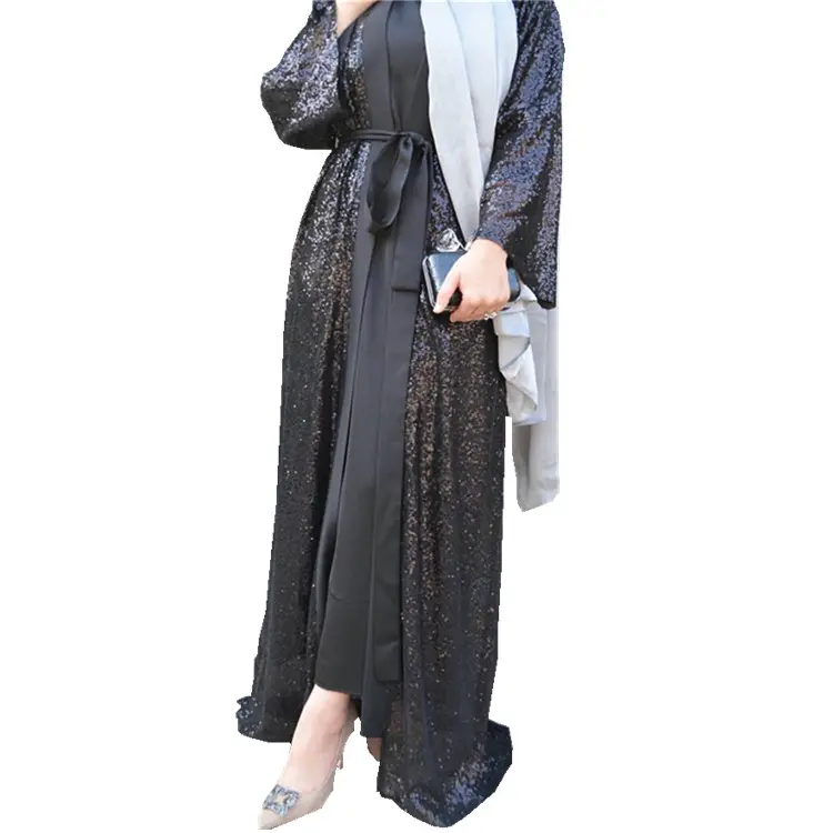 Bonne Recherche Pakistan Manches Longues Brillant Paillettes Cardigan Dernières Modèles Avant Ouvert Abayas Musulmans Abaya Femmes Robe