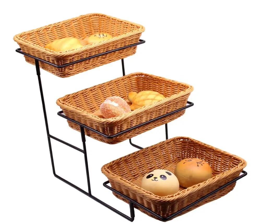 3-Tier supermarket displying shelf stand with polywicker basket for supermarket