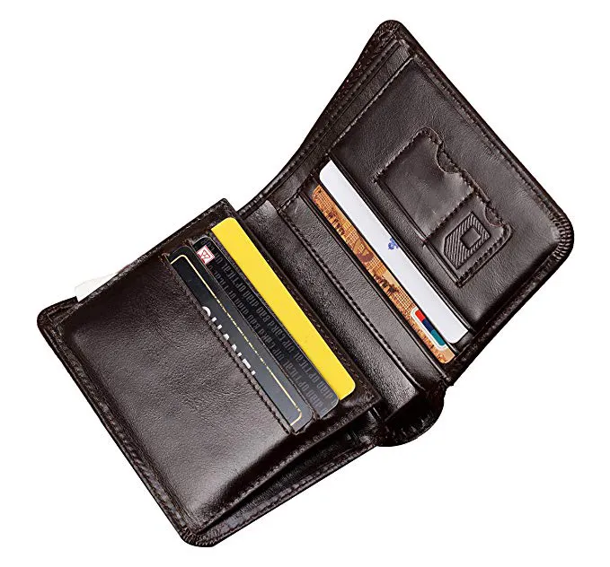 RFID ปิดกั้น Trifold Bifold Slim ความจุพิเศษกระเป๋าสตางค์ผู้ชายหนังแท้ผู้ถือซิมการ์ด