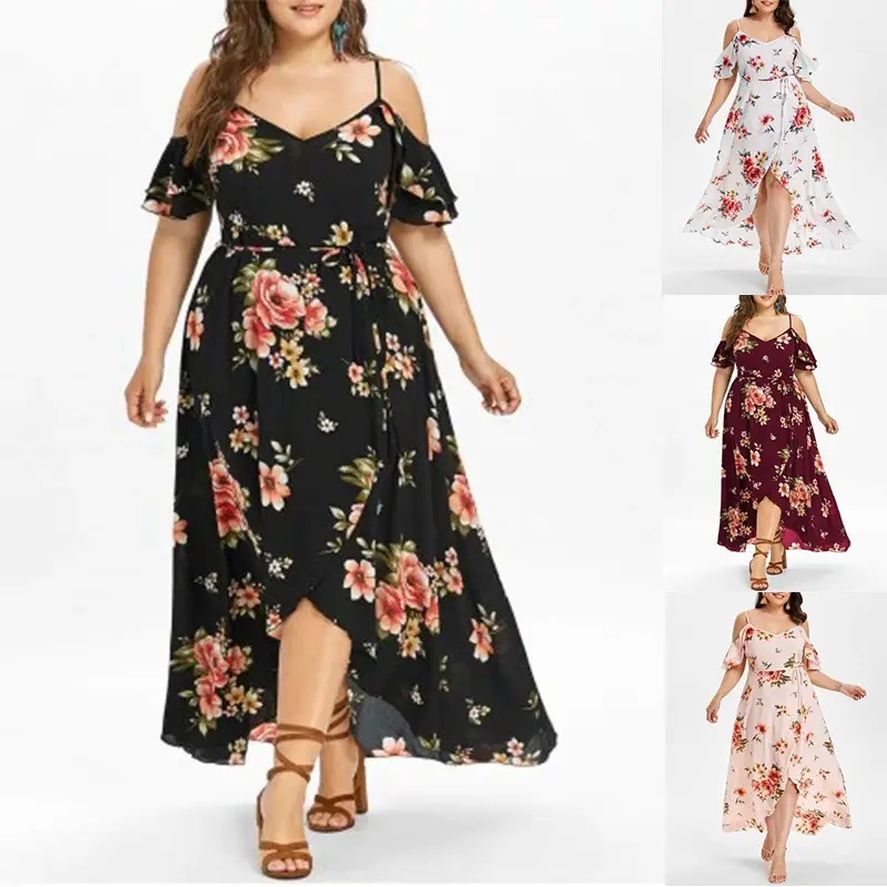 Robe longue à motifs floraux, grande taille, pour femmes, épaules dénudées, imprimé Floral, grande taille, été, collection 2020