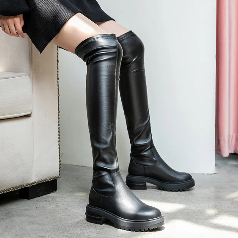 WETKISS 2019 Moda Tıknaz Topuk Kış Çizmeler platform ayakkabılar Siyah Deri Uzun Tüp Çizmeler Streç Diz Çizmeler Üzerinde Kadınlar için