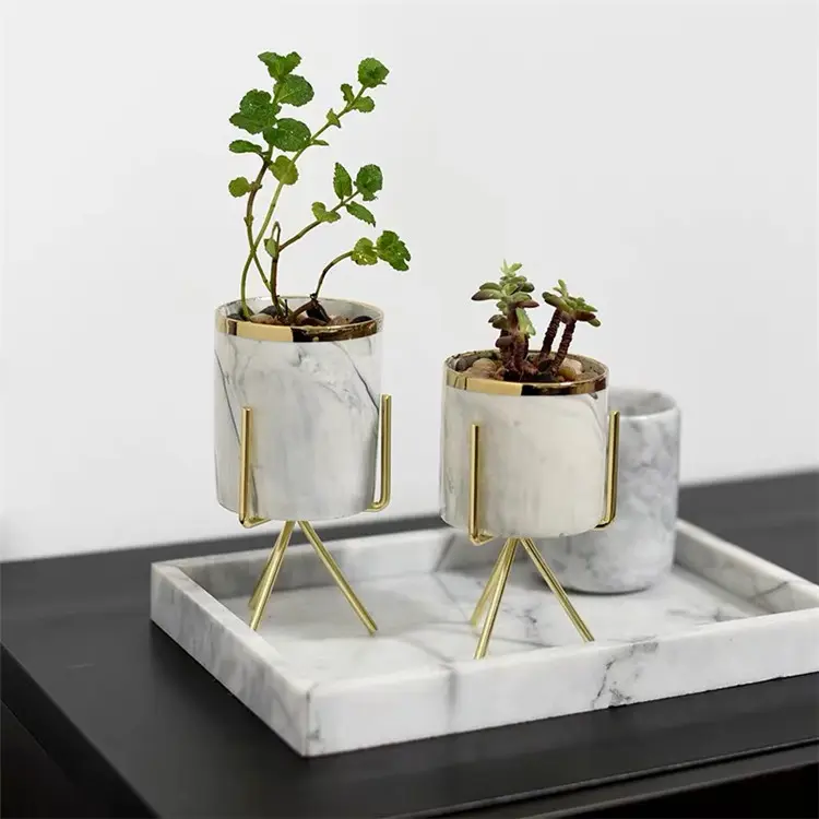 Adorno de decoración moderna para interiores, minimacetas de cerámica de mármol con soporte dorado, plantas suculentas en vivo verde